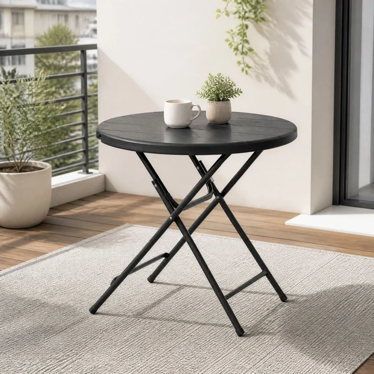 Gartentisch Ø80x73 cm klappbar für 4 Personen – Holzoptik, dunkelgrau, Stahlrahmen – Bild 1