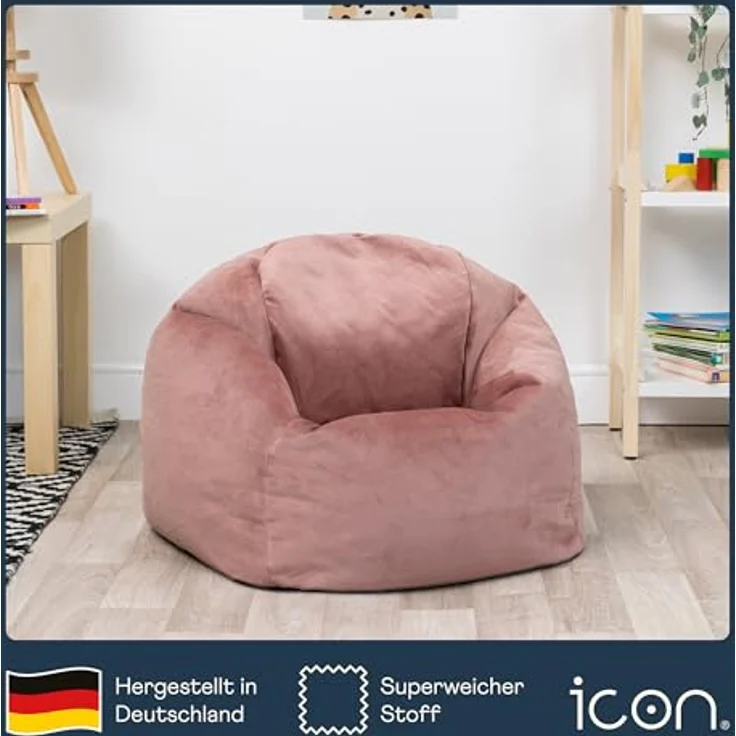 Icon Aurora Sitzsack Kinder, Rosa, Flauschiger Samtstoff, Sitzsack Samt mit Füllung, Bequemer Kinder Sessel, Kuschelsessel, Lese Sessel, Schlafzimmer, Kinderzimmer, Spielzimmer – Bild 6