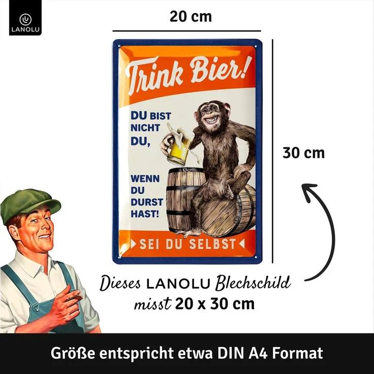 LANOLU Blechschild Trink Bier Affe - 20x30cm – Metall – Mehrfarbig – 20160 – Bild 5