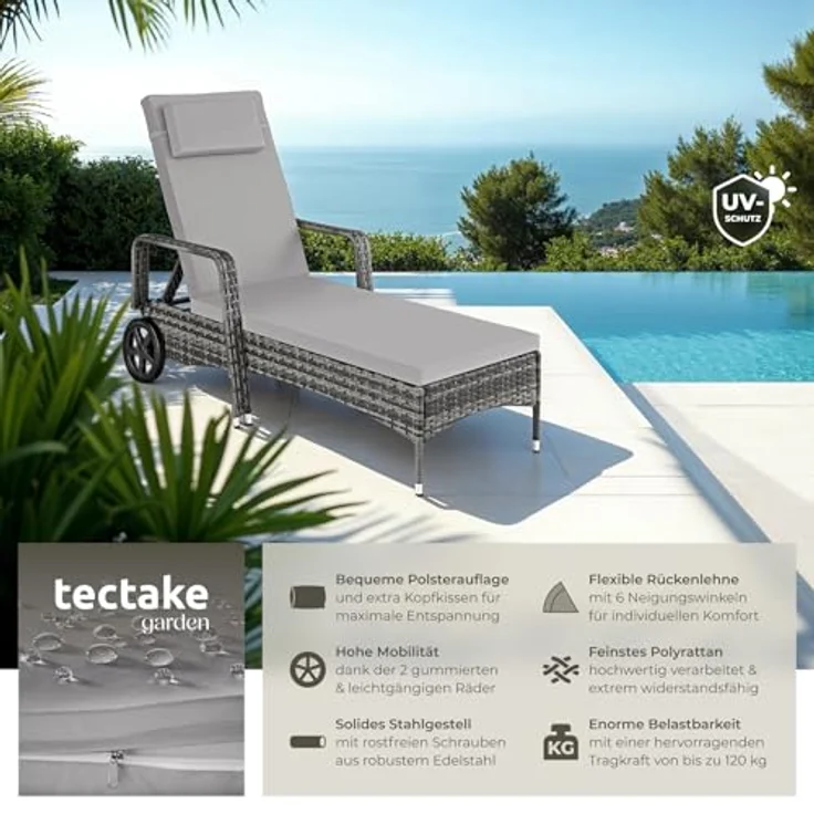tectake Gartenliege Rattan Sonnenliege, 1, 1 St, 1tlg, widerstandsfähig – Bild 5