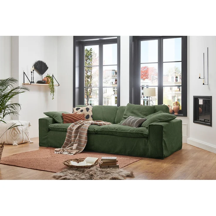 KAWOLA Sofa NETTA 4Sitzer Bezug abziehbar Cord moosgrün 90 x 116 x 258 cm – Bild 1