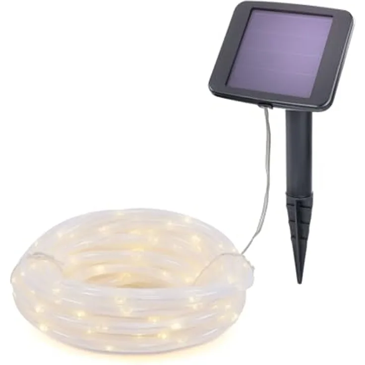 Solar Lichtschlauch, 10m, 100 LEDs, warmweiß, Zuleitung 2m, Akku, Solarmodul, Erdspieß, Wintergarten, Außenlichterkette, Hochzeitsdeko, Weihnachtsbeleuchtung, außen, wetterfest, 102174