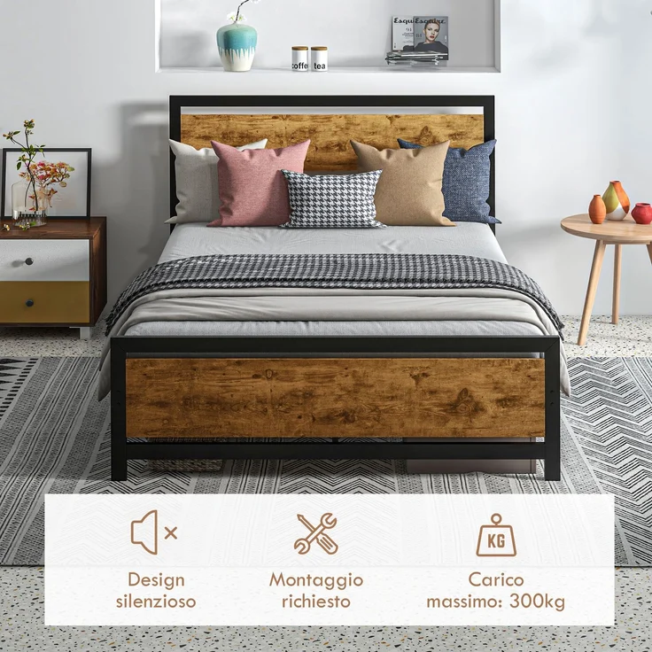 Bettgestell aus Holz und Stahl im Industrial-Stil mit Lattenrost,Schwarz, Rustikales Braun, 103 x 147 x 208 cm, Cecodadi – Bild 8