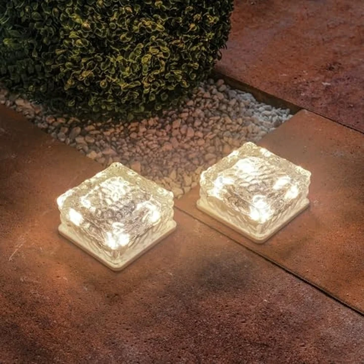 esotec LED Solarleuchte 2x Echtglas Leuchtsteine je 10x10x5cm 8-LEDs 3000K 6500K außen 102560, Dauerlicht, LED fest integriert, 3000K warmweiß, 6500K kaltweiß, Echtglas, 8 LEDs, Leuchtzeit bis 40Std, Akku wechselbar, SOLAR – Bild 2