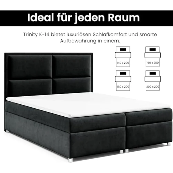 Best For Home Boxbett Trinity K-14, Schwarz, Textil, Größe 200x200 cm, Boxspringbett mit Bettkasten, Höhe ca. 18 cm – Bild 5