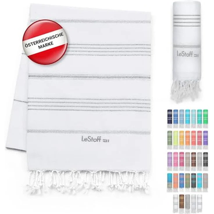 LeStoff Hamamtuch 100% Bio-Baumwolle, 95 x 180 cm, weiß-silber, schnelltrocknend, saugstark, vielseitig, GOTS-zertifiziert – Bild 1