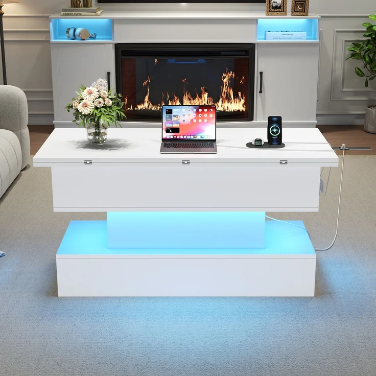Couchtisch Weiß mit Hebefunktion, 100 x 50 x 51,5 cm, ausziehbar,LED-Licht steuerbar per App, USB- und Typ-C-Steckdose – Bild 5