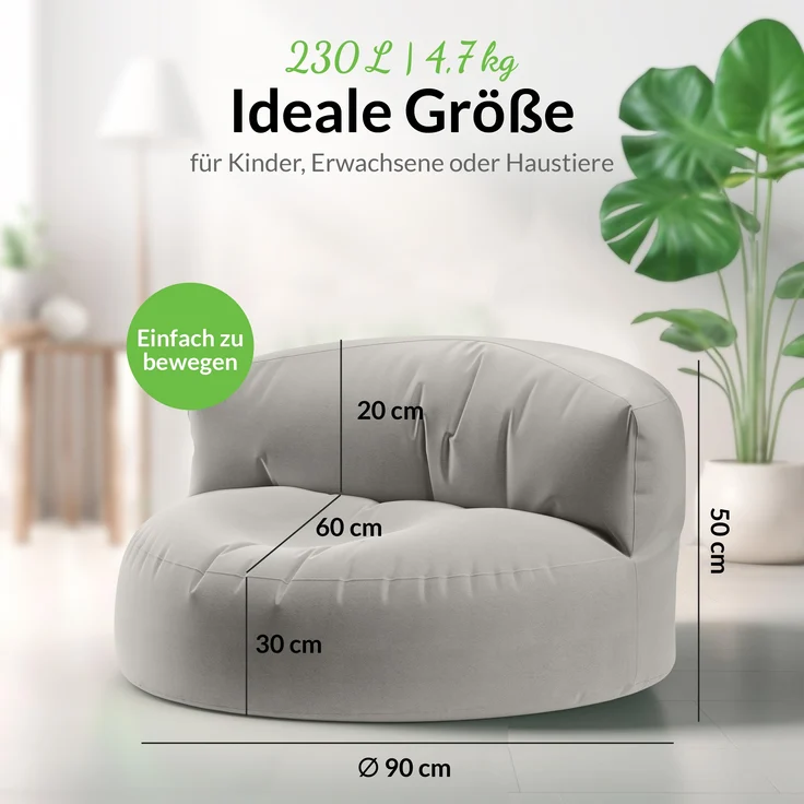 Green Bean® Sitzsack Sofa mit Füllmaterial - Lounge im Sitzsack-Design 90x50cm mit ergonomischer Rückenlehne & waschbarem Bezug - Indoor und Outdoor geeignet in Hellgrau – Bild 3