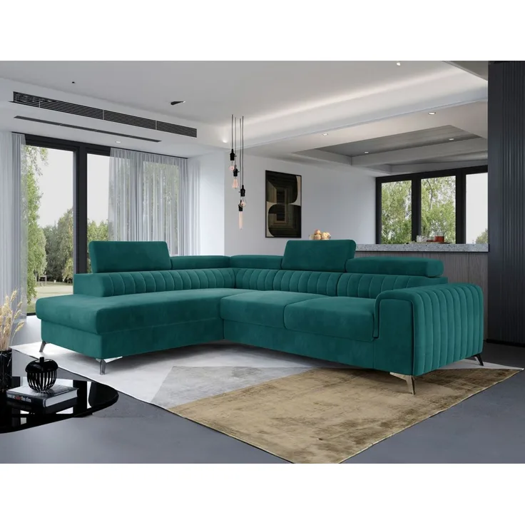 Ecksofa mit Schlaffunktion Sofa ELENI Stoff Matt Velvet Meeresgrün Ottomane Links
