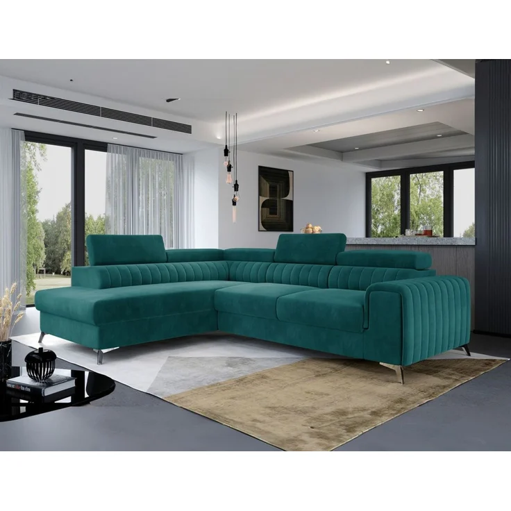 Ecksofa mit Schlaffunktion Sofa ELENI Stoff Matt Velvet Meeresgrün Ottomane Links – Bild 1