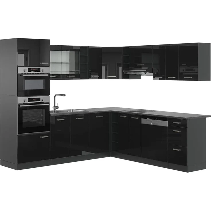 Eckküche R-Line Schwarz Hochglanz/Anthrazit 247 x 237 cm ohne Arbeitsplatte Vicco – Bild 1