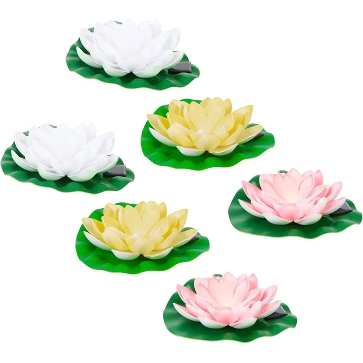 6x LED Solar Seerose, Gartenteich Deko, rosa weiß gelb, D 18 cm