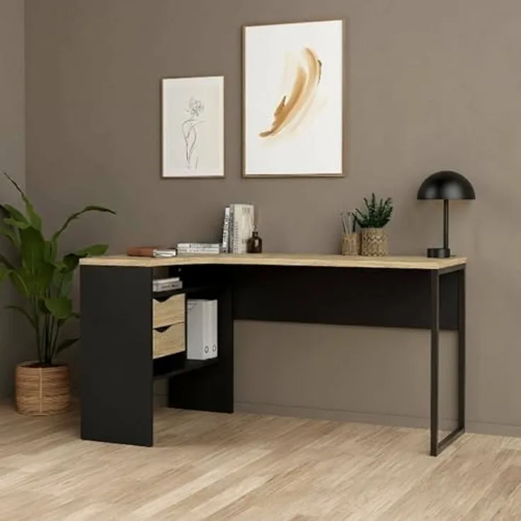 Dmora - Schreibtisch Patience, Mehrzweckschreibtisch, Bürotisch für PC, Eckschreibtisch, 145x81 h77 cm, Schwarz und Eiche