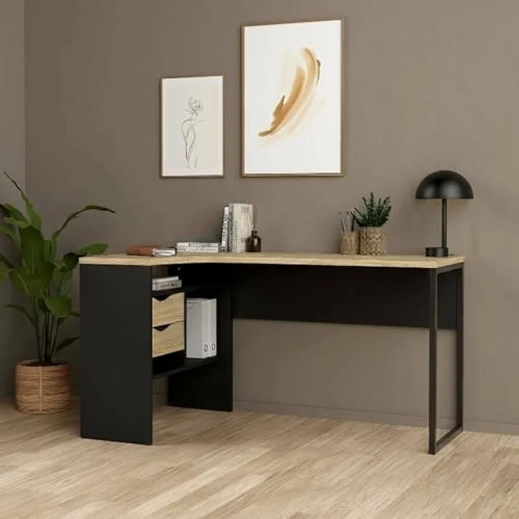 Dmora - Schreibtisch Patience, Mehrzweckschreibtisch, Bürotisch für PC, Eckschreibtisch, 145x81 h77 cm, Schwarz und Eiche – Bild 1
