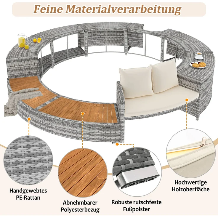 Merax Garten-Lounge-Set mit runder Couch, Gartenmöbel-Set, Poolumrandung, Lounge-Set, für Whirlpool und Pool, mit verstellbaren Füßen, inklusive Kissen, Möbel für Terrasse, Garten oder Poolbereich – Bild 7