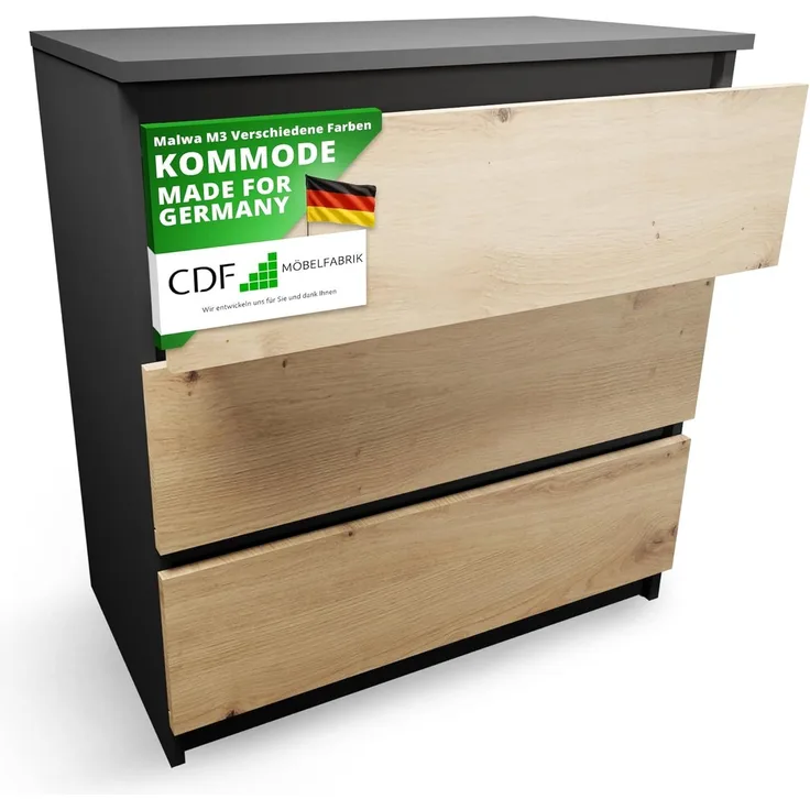 CDF Kommode mit Schublade Anthrazit/Artisan Schrank Schubladenschrank 3 Schubladen Malm Kommode viel Stauraum Geeignet für Wohnzimmer Schlafzimmer Komodenschrank Organizer Kleidung 40T x 70B x 75H cm