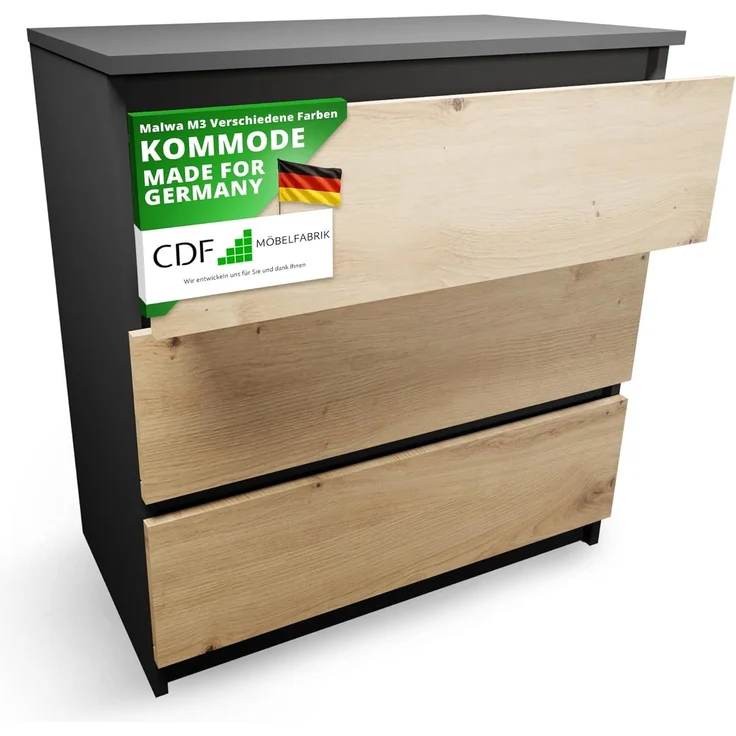 CDF Kommode mit Schublade Anthrazit/Artisan Schrank Schubladenschrank 3 Schubladen Malm Kommode viel Stauraum Geeignet für Wohnzimmer Schlafzimmer Komodenschrank Organizer Kleidung 40T x 70B x 75H cm – Bild 1