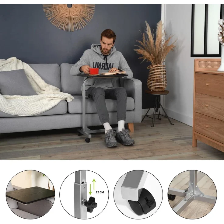 MEUBLE COSY Laptoptisch Höhenverstellbar mit Rollen Laptopständer Beistelltisch Sofatisch Nachttisch, Gestell aus Metall, Tischplatte aus Holz, Schwarz, 48 x 37 x 79 cm – Bild 4