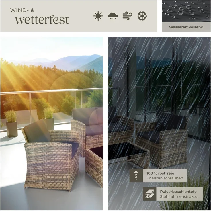 tectake Lounge Gartenmöbel Set Poly Rattan für den Garten, Möbel für den Balkon, 12-teilige Garten Lounge (wetterfest), Essgruppe mit Outdoor Sofa, Sessel und Tisch für 4 Personen (Natur/Dunkelgrau) – Bild 8