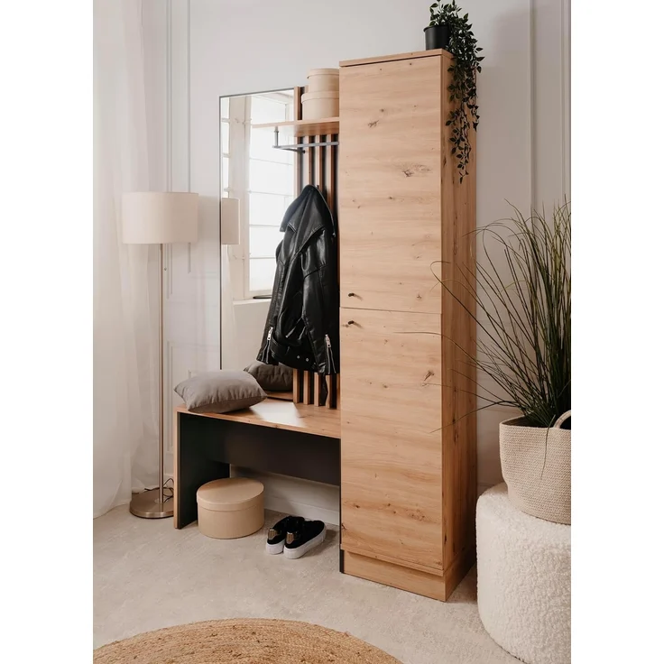 Finori Medan 42B Kompaktgarderobe, Dekor Artisan Oak / anthrazit | Kompaktgarderobe für Flur | Maß: B x H x T ca. 122 x 190 x 37 cm | Kompaktgarderobe mit 2 Türen, Spiegel, Hutablage, Kleiderstange, Bank und 2 Haken – Bild 10