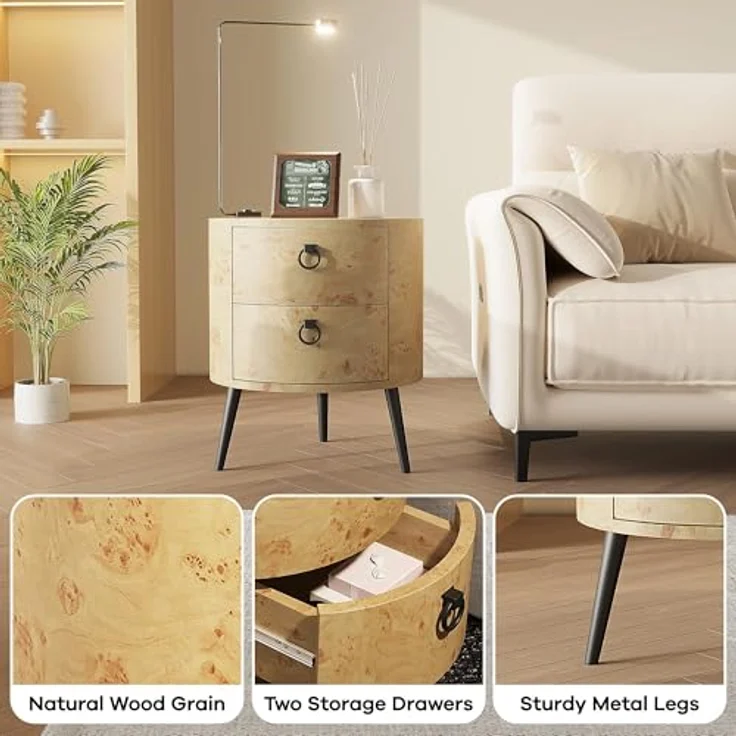 GarveeLife Sofa-Enden, runder Nachttisch mit Schubladen, Beistelltisch, Holz, 2 Schubladen, für Schlafzimmer, Wohnzimmer, 47 x 47 x 55 cm – Bild 7