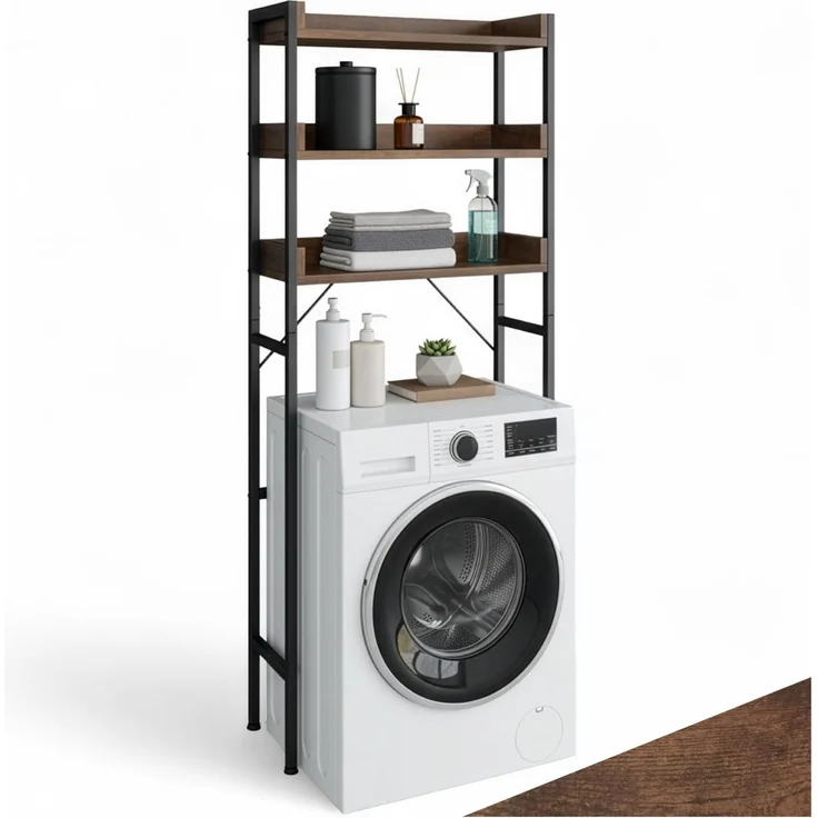 tectake Badezimmerregal mit 3 Ablagen, Badregal, Waschmaschinenregal, Industrial Design, Überbauschrank, Regal für Waschmaschine, Toilettenregal, WC Regal, 67 x 25 x 165 cm - Industrial Dunkelbraun – Bild 1