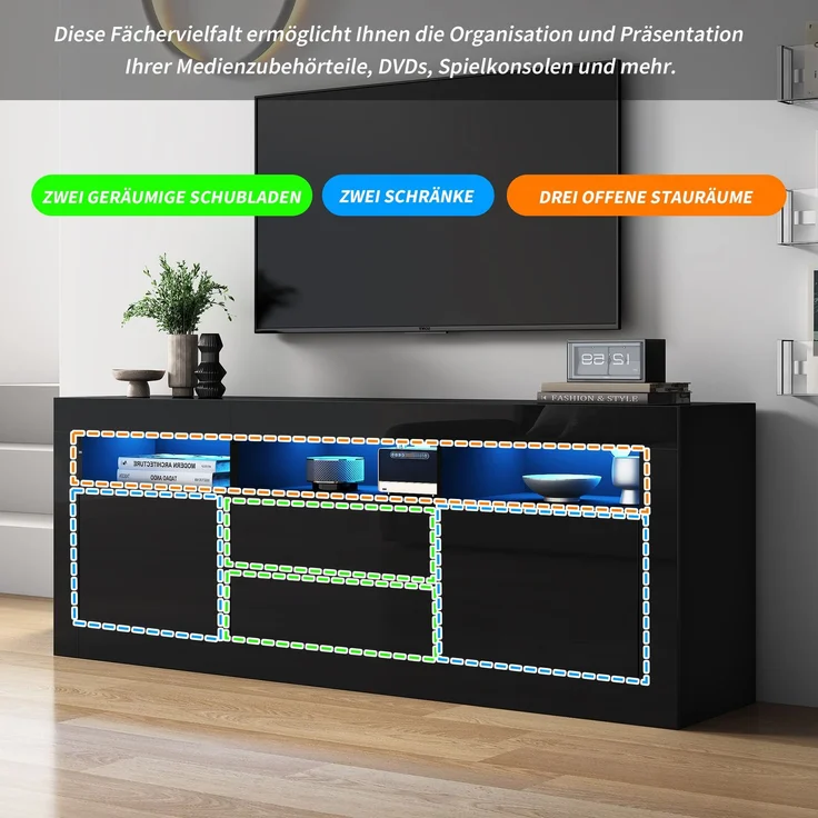 Merax 160*35*60cm Hochglanz-TV-Schrank mit LED-Beleuchtung, 3 offenen Fächern, 2 Türen, 2 Schubladen, Smart App Steuerung, für 70-Zoll-Fernseher, Hochglanz-TV-Ständer, Schwarz – Bild 3