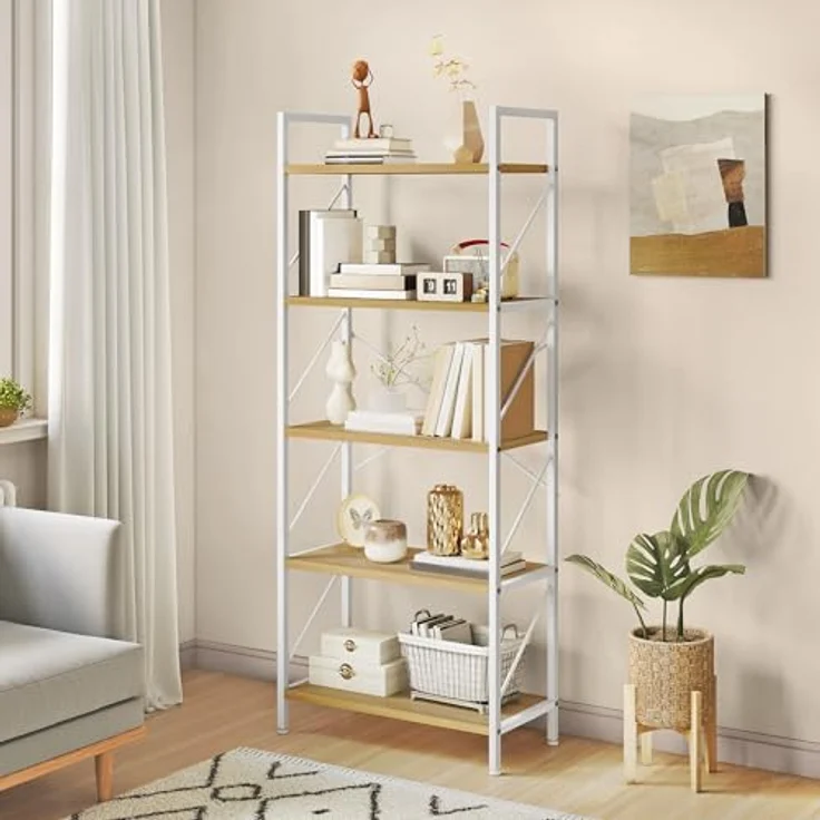 YITAHOME Bücherregal, Standregal mit 5 Ebenen, Hohes Lagerregal mit Metallrahmen, Industrielles Ausstellungsregal, Regaleinheiten, für Wohnzimmer, Schlafzimmer, Homeoffice, Küche, Weiß und Eiche Regal – Bild 2
