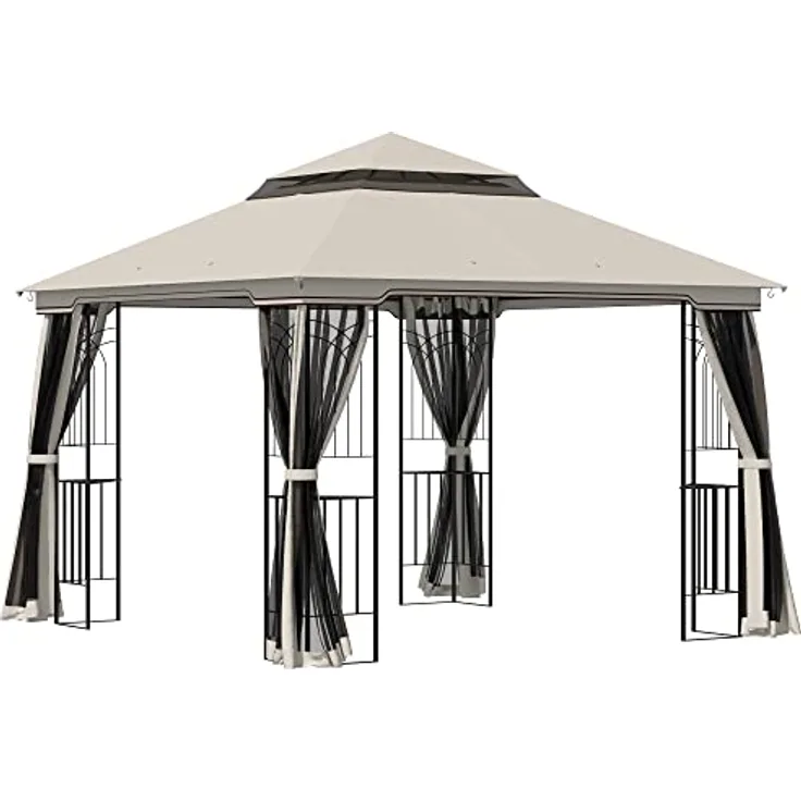 Outsunny Gartenpavillon mit Doppeldach, 4 abnehmbare Seitenwände, pulverbeschichteter Metallrahmen, Beige, 2,99 x 2,99 x 2,74 m