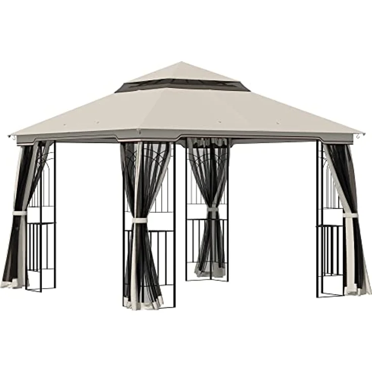 Outsunny Gartenpavillon mit Doppeldach, 4 abnehmbare Seitenwände, pulverbeschichteter Metallrahmen, Beige, 2,99 x 2,99 x 2,74 m – Bild 1