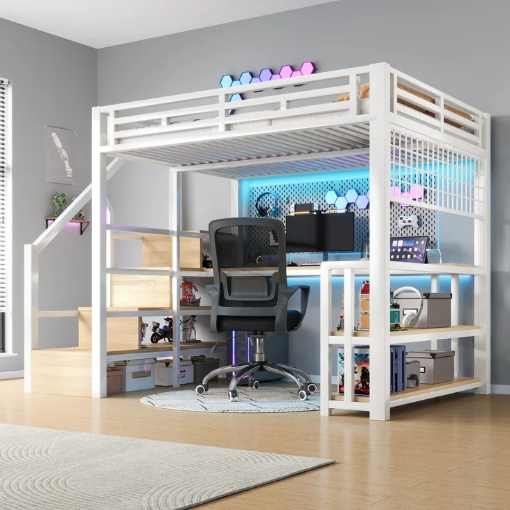 Hochbett mit RGB LED-Streifen, Schreibtisch, Treppe, Regal, Wandgitter, USB, Type-C, 140x200cm, Kinderbett, Metallbett – Bild 2