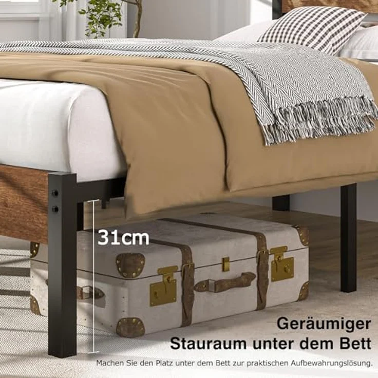 Bettgestell 90x200 cm, Einzelbett mit Metall Lattenrost und Dickem Holzkopfteil, Stabil Geräuschlos, Gästebett und Jugendbett für Schlafzimmer, Braun – Bild 4