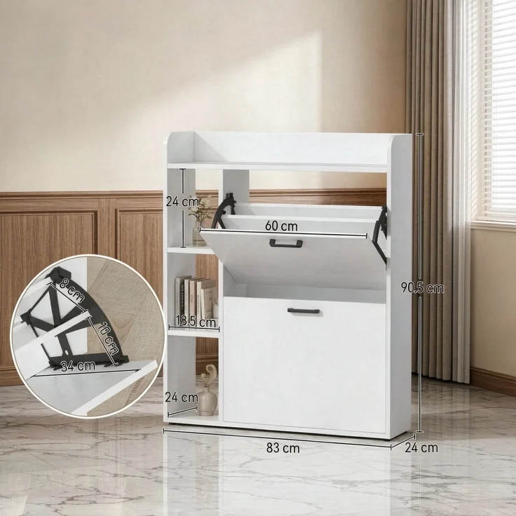 ZUBALIYA Schuhschrank (83 x 24 x 90,5 cm), 2 Schubladen, Verstellbare Einlegeböden, Stauraum für Flur und Eingangsbereich, Weiß – Bild 7