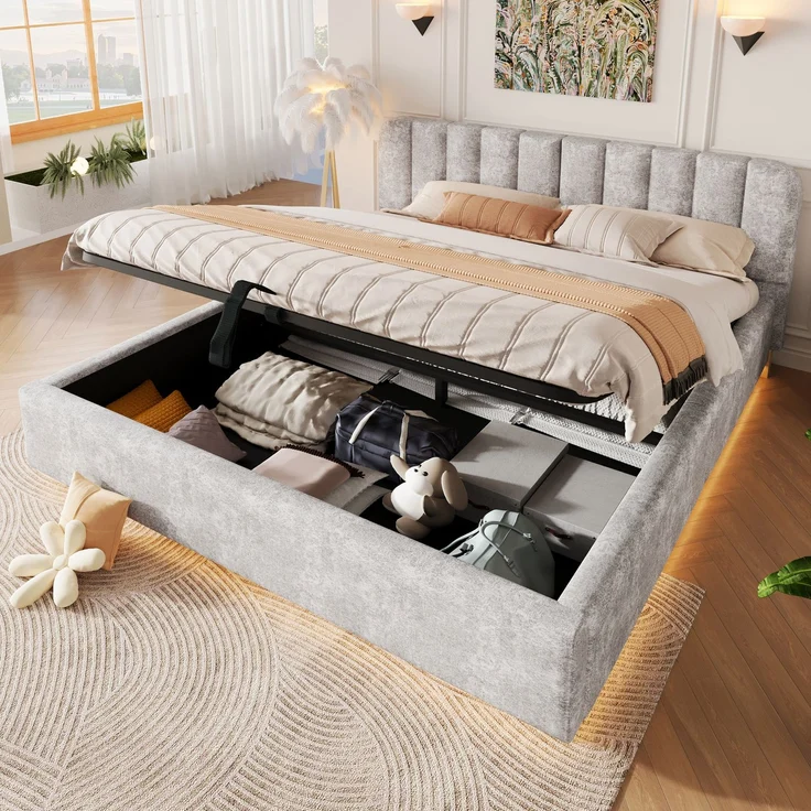 Polsterbett, Doppelbett, 180 x 200 cm, Bett mit Lattenrost, Kopfteil,Gepolstertes Kopfteil,Hydraulische Lagerung, Mit LED-Lichtleiste, Ohne Matratze, Hellgrau Chenille – Bild 1
