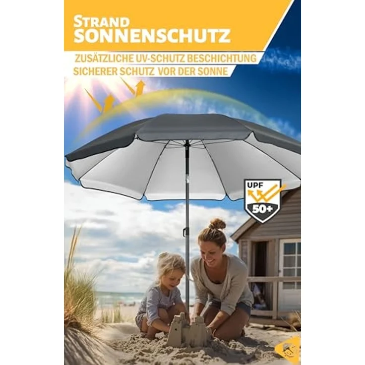 Menz Sonnenschirm Strand in Anthrazit - Komplettes 3er-Set inkl. robustem Sonnenschirm + solider Bodenhülse + langlebiger Schutzhülle, Strandschirm windfest stabil, Strandschirm mit UV50+ Schutz – Bild 3