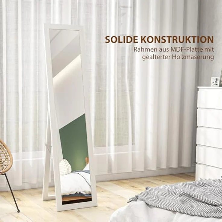 HOMCOM Standspiegel mit Ständer und Haken (Stehspiegel, 1-St, Wandspiegel), für Wohnzimmer, Schlafzimmer, Weiß – Bild 9