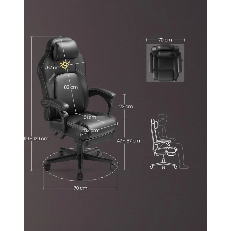 SONGMICS HOME Gaming-Stuhl, ergonomischer Computerstuhl mit Fußstütze, Bürostuhl, Drehstuhl mit Kopfkissen, PU, höhenverstellbar, tintenschwarz OBG072B01 – Bild 2