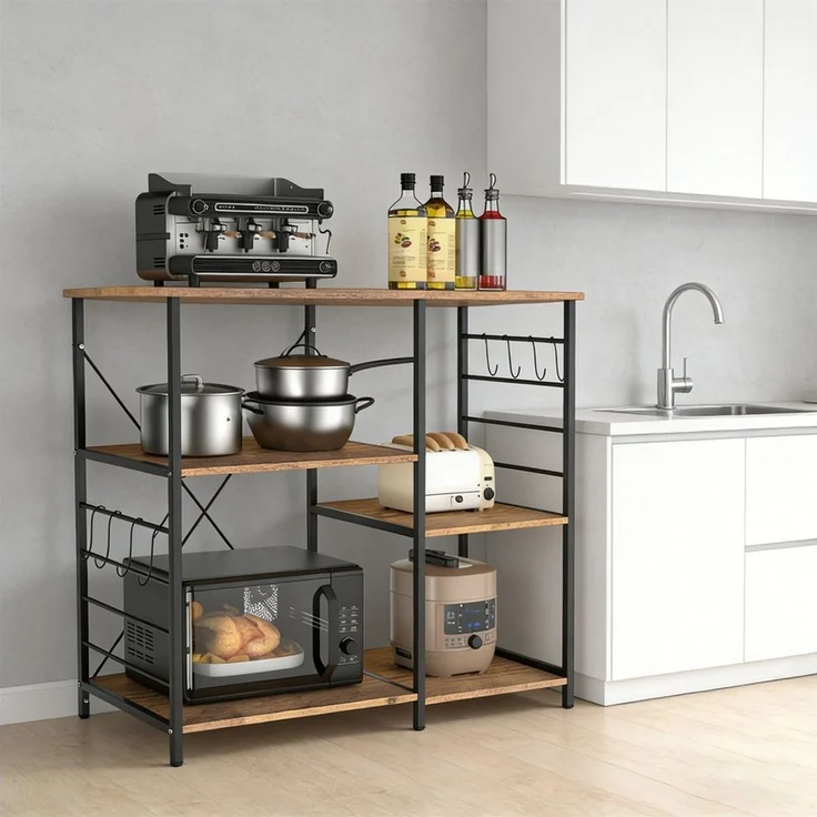 JEOBEST Standregal Küchenregal mit 8 Haken, Regal, Kücheninsel, 1-tlg, Mikrowellenregal, 8 Haken, 3 Regalebenen, Stahlrahmen – Bild 3