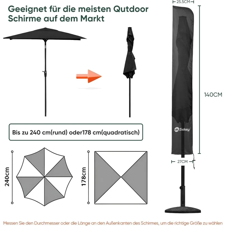 Sekey® Schutzhülle für Ø 200 cm / 200 cm × 150 cm / 200 cm × 125 cm Sonnenschirm, Abdeckhauben für Sonnenschirm,100% Polyester – Bild 2
