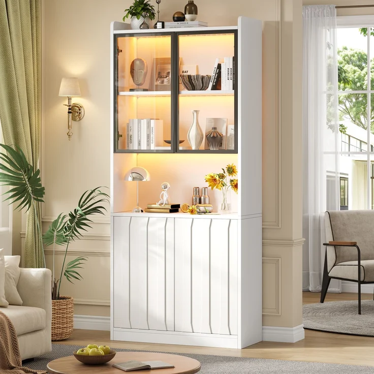 Vitrinenschrank 80x35x200 cm in Weiß mit LED, Glastüren und verstellbaren Böden – Bild 1
