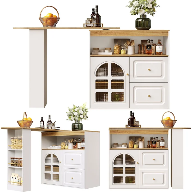 Stehtisch ausziehbar MDF Glastür Schubladen Snackregal 360°-Drehbar Sideboard Küchenwagen Wohnzimmertisch – Bild 9