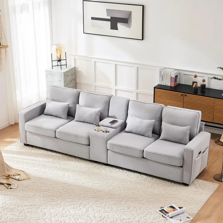 Big-Sofa, 4-Sitzer inkl. loser Zier- und Rückenkissen, Zwischentisch, USB-Anschlüssen, Polstersofa, Wohnzimmersofa, Leinen