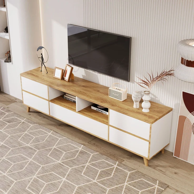 Modernes TV-Gerätemöbel - 175x37x51cm in Weiß & Holz mit praktischem Stauraum, 175 x 37 x 51 cm, Holzoptik+Weiß – Bild 5