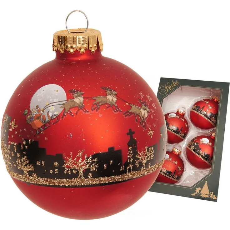 Krebs Glas Lauscha Weihnachtsbaumkugel 4er Set - Santa mit Rentieren in Rot - aus Glas - ca. 7 cm, Ideal für Weihnachtsbaum, Gestecke oder festliche Tischdekoration – Bild 1