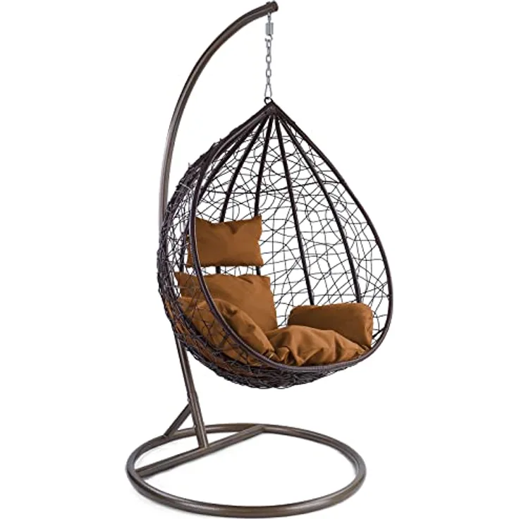 Luxus Hängesessel Miami XL Polyrattan mit Korb Gestell braun Kissen Hellbraun