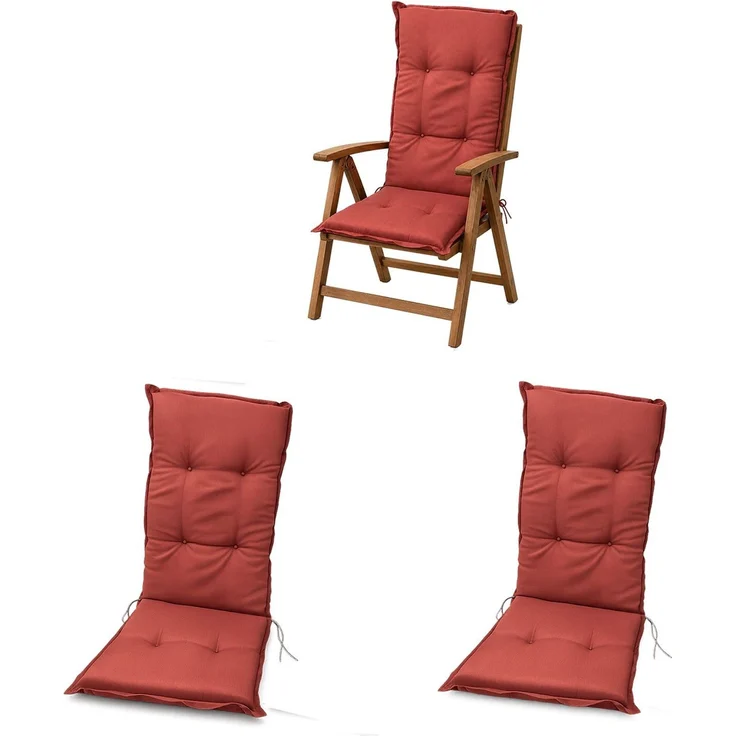 BURI 2x Hochlehner Auflage 117x49x6 cm - wetterfeste Gartenstuhlauflage mit Schaumkern & Vollvlies, Halteband & Bindebänder, bequemes Stuhlpolster für Balkon, Terrasse & Garten (Rot) – Bild 1