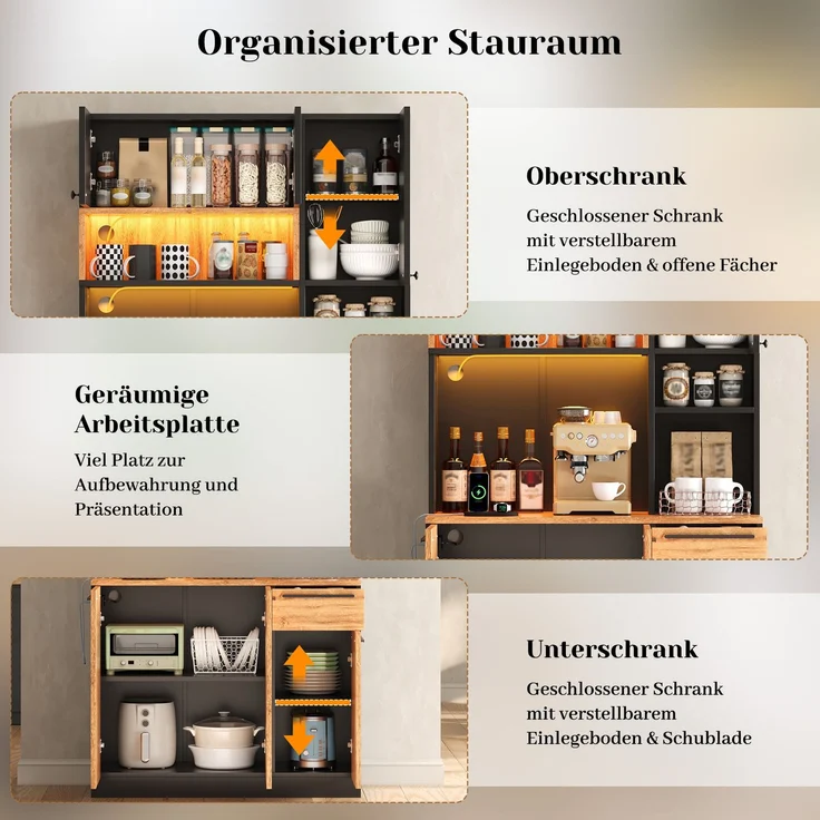 ZUBALIYA Buffetschrank 100x40x180 cm, mit LED-Beleuchtung, mit Steckdosen, mit 6 Türen, aus MDF, Natur – Bild 18