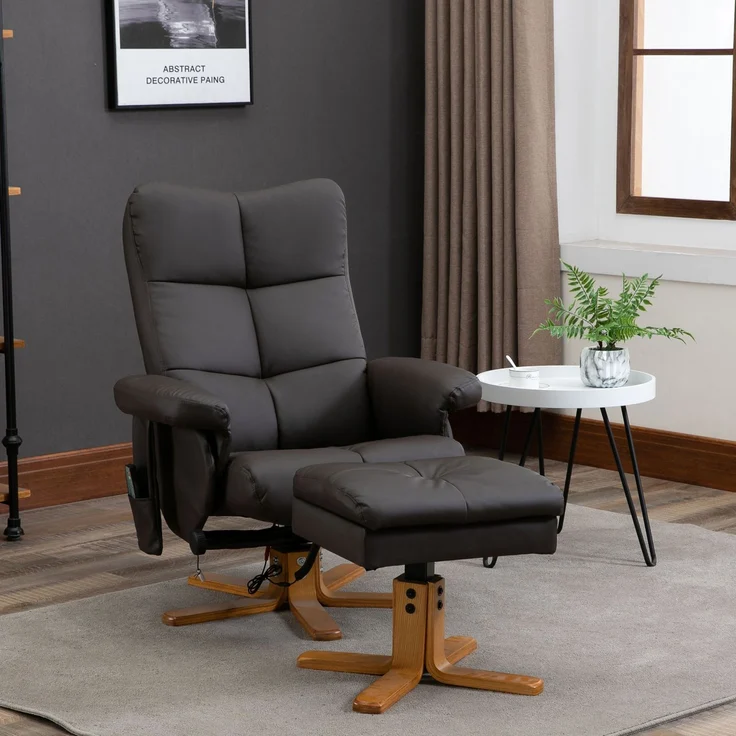 Wohnora-Relaxsessel mit Hocker, 360°drehbarer Fernsehsessel mit Massage, Liegefunktion, Massagesessel mit Seitentasche, TV-Sessel, Kunstleder für Wohnzimmer Braun,H 990cm x T 800cm x B 860cm – Bild 2