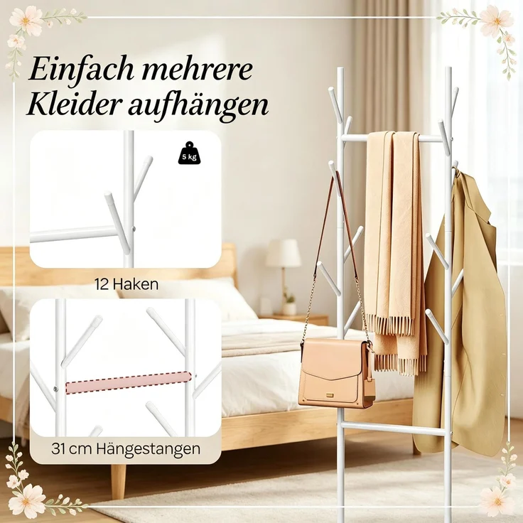 Baumförmige Mantelstelle,Freistehende Kleidungshalter,Mantelständer mit Lagerkorb(nur Mantelständer)--Weiß--41x41x175cm--YOUDENOVA – Bild 7