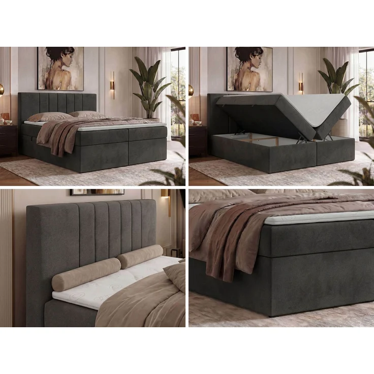 Boxspringbett INERO 200 x 200 mit Matratze H3 und Topper Visco, 7-Zonen-Multipocket-Kern, zwei Bettkästen, Doppelbett, gepolstert Kopfteil - Dunkelgrau Velvet – Bild 2